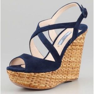Prada Suede Scamosciato Wicker Wedge Sandals